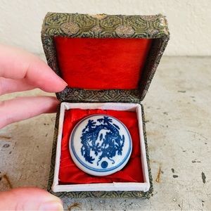 Vintage Red Chinese Seal Paste & Ceramic Paste Container with Blue Dragons